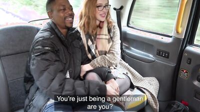 Nerdy redhead with glasses pounded by a BBC in a car