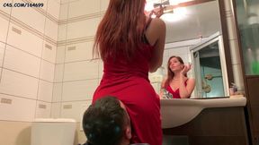 Mistress Sofi in red dress use chair slave - ignore facesitting femdom