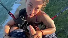Brunette OLDER WOMAN gives dripping fellatio to thick dick on a paragliding platform