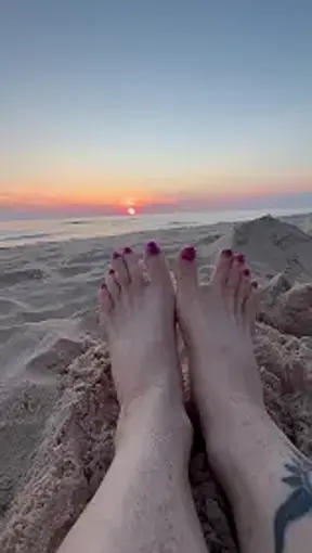 Sandy Feet at Sunset: Mature Tattooed Woman Teases on Beach