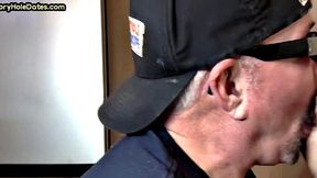 Mature gay bottom fucked by gloryhole after sucking