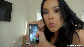 Stunningly sexy brunette babe Megan Rain calls ghost buster to handle his mega dick