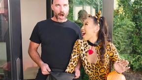 ”Horny Asian teen gets humped by a big cock neighbor on Halloween”