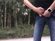 Single boy is pissing in public hoping to caught by a piss lover