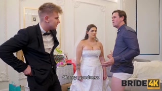 BRIDE4K. Bride spreads her legs in front of the wedding manager for some help