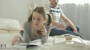 Pigtailed Russian college girl Serpente rides her boyfriend until he cums