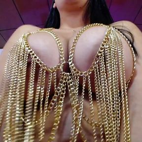 Sexy goddess plays with her big tits in chains outfit fuck big tits and sucks her nipples with a lot of pleasure