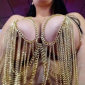 Sexy goddess plays with her big tits in chains outfit fuck big tits and sucks her nipples with a lot of pleasure