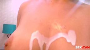 Curvy brunette with perfect boobs, plays them and sits on her knees waits for your mighty cum