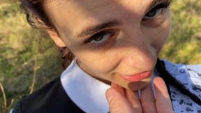 So beautiful and horny brunette pornstar go in outdoor and start to make a good blow job and after its fucked in her pussy until him cum inside with g