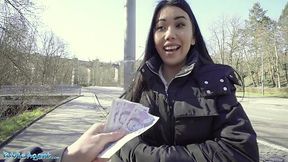 Cute Asian doll Alina Crystall takes money from a public agent and gives her pussy in return.