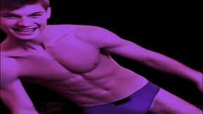 working out with leg stretches and moves in tight blue briefs with sweet bulge. - young man with a well-defined, muscular physique, toned torso and arms. full of joy and excitement