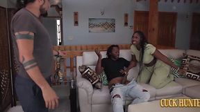 Thick ebony wife rides a massive bbc right beside her husband