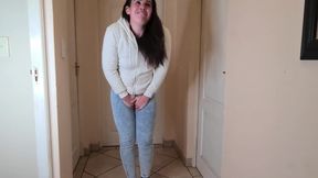 Brunette Slut Desperately Needs to Piss, Pisses in Her Blue Jeans