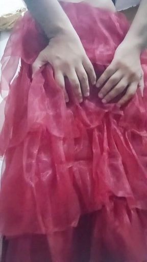 Indian Gay Crossdresser Bottom Pressing and Playing with Her Big Boobs in Red Gown Real Homemade Sex