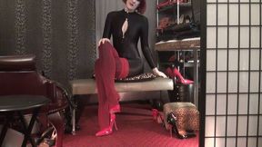Wonderful Legs Tease in Red Stockings, Catsuit.