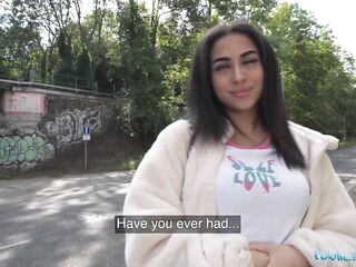Public Agent small British Brunette hair Sucks and Bangs after Almost Getting Run Over by a Runaway Taxi