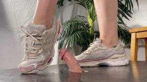 A severe Shoejob dream in well worn Asics Kayano sneakers - CBT and Shoejob with Tramplegirl Leila - spitting, handjob and sneakerfetish - Cock crush, Giantess, POV, cumplosion, cock trampling, multiedit - 4k Quality