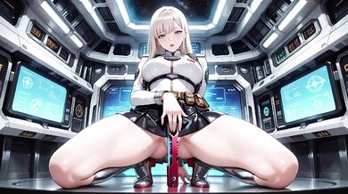 Blonde astronaut in her white bodysuit tracing fingertips along her stretched waist