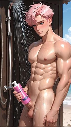 Soft Kawaii Boy in Beach Shower with Pastel Pink Hair