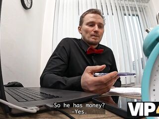 VIP4K. Sexy 18-year-Old Brunette gets fucked Hard in the Office to secure a Loan