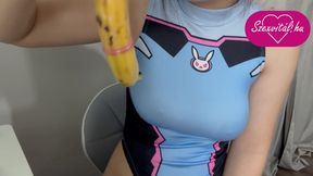 My Stepsister Puts a Condom on the Banana, Plays with It, Then Sticks It in a Fake Pussy