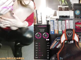 Teacher in leather leggings and boots is masturbating beneath her desk during the class (lush control)