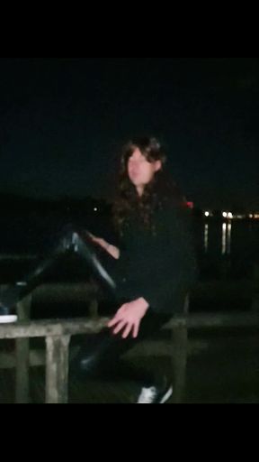 Annemieke in catsuit in the park at night