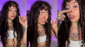 Cute girl with a split tongue sneezes for you