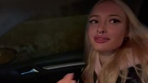 Sweet blonde on the highway. Sex in car