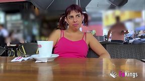 Short-haired Latina Nora Martin rides big cock in public