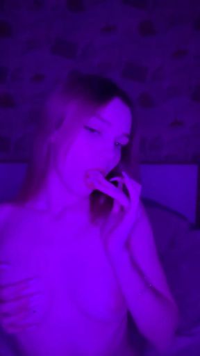 Petite babe masturbates and sucks sweetly