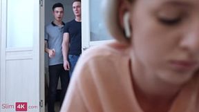 Tattooed blonde barely-legal gets double penetration and blowjob