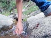 Taking off from the pussy my diva cup and risky washing in the mountain's stream