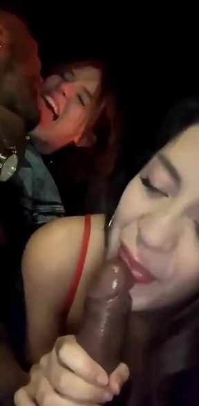 Latina milf gives a deepthroat blowjob to a big black cock in an amateur scene.