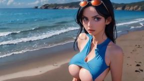 AI-generated nude One Piece beauty poses sexy on the beach