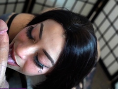 POV blowjob with brunette slut getting throatfucked