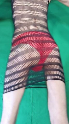 Red Lace Panties Under Fishnet Dress