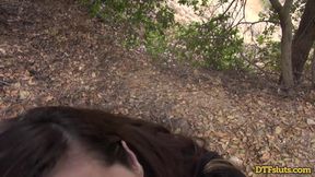 Petite brunette Abbie Maley sucks big cock outside