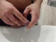Morning long pee in the sink. Uncutted cock