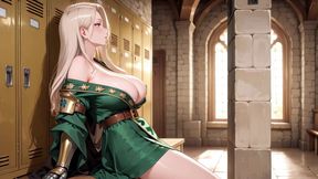 Blonde Knight's Afternoon! Green Uniform Golden Mechanical Arms, Lazily Contemplating in Ancient Stone Ruins.