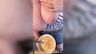 My honey balls into my cheerios! Cumshots inside cereal and on big 44G natural breasts (ending on my site)