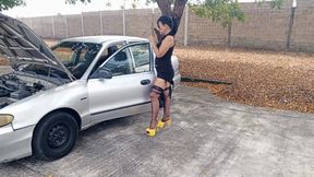 I repair my car in high heels and fishnet stockings and then pump its pedals (3)