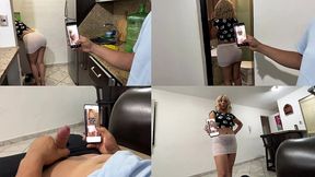 hijastro atrapado con las fotos sexys del gran culo de la madrastra y su madrastra le da una leccion