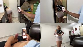 hijastro atrapado con las fotos sexys del gran culo de la madrastra y su madrastra le da una leccion