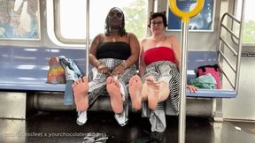 'Come with us!' NYC train public feet with YourChocolateGoddess, sole rubbing, tickling milf feet