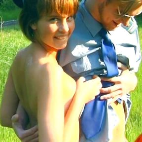 Horny German sluts sharing police officer&#039;s cock in nature