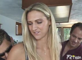 Tall blonde gets all her fuck holes drilled deep by four horny guys