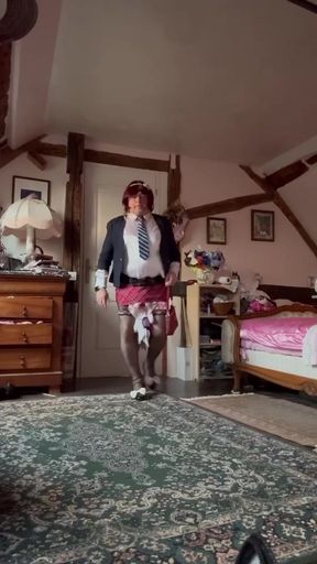 Dressed in a new short checkered mini skirt for an evening