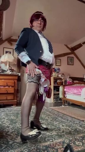 Dressed in a new short checkered mini skirt for an evening